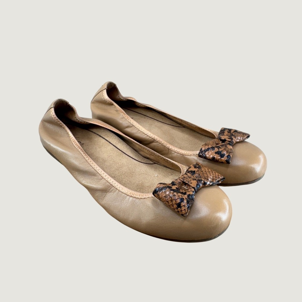 Vionic Zelda Ballet Flats 9.5 Wide Tan Leather Snakeskin Bow Balletcore Classic